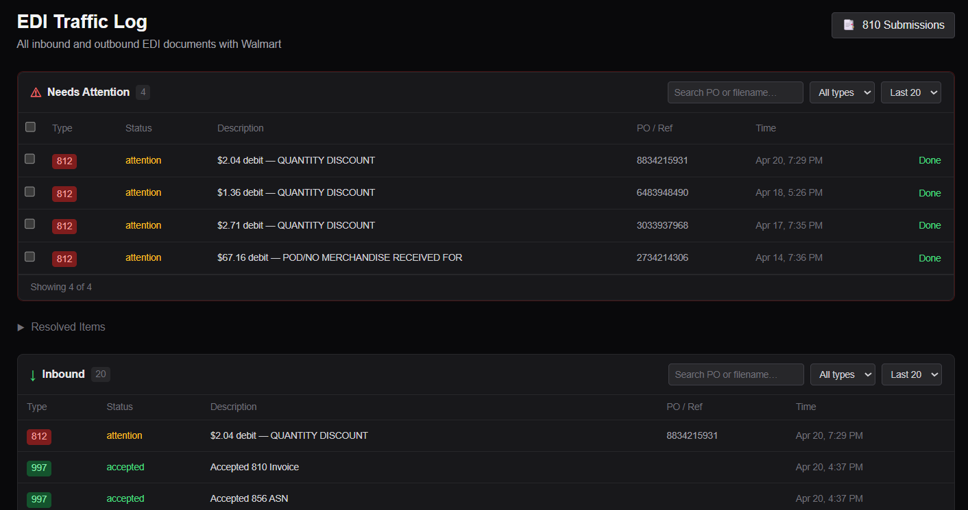 BOS EDI traffic log showing 810, 856, 997, and 812 documents with acknowledgement status